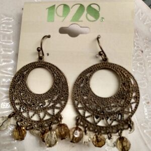 1928 Brass Filigree Round Drop Wire Earrings